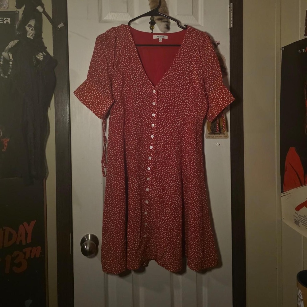 Madewell Rust-Red Button-Front Midi Dress with Micro Dot Print